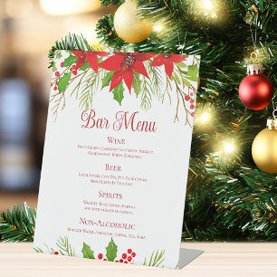 Red Poinsettia Holiday Wedding Custom Bar Menu Pedestal Sign