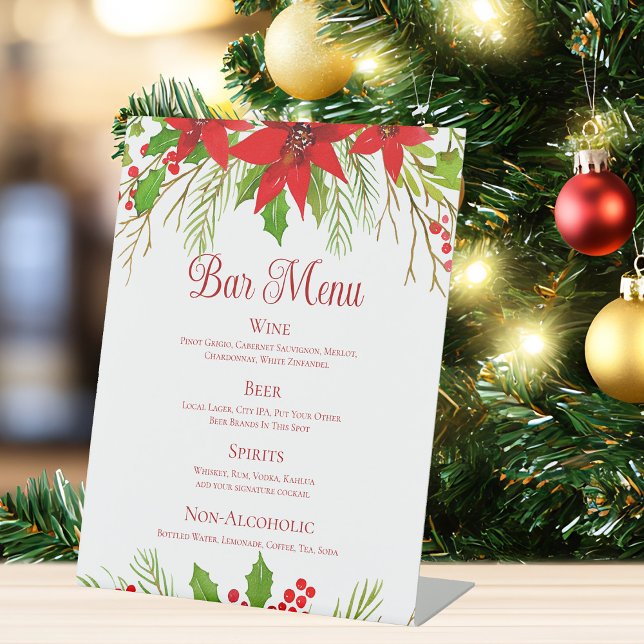 Red Poinsettia Holiday Wedding Custom Bar Menu Pedestal Sign (Creator Uploaded)