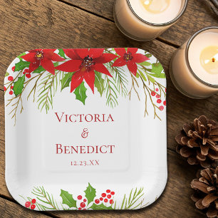 Red Poinsettia Holiday Wedding Personalised Paper Plate