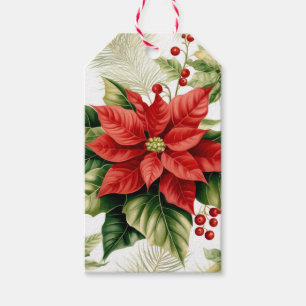 Red Poinsettia Holly Berries Christmas Holiday Gift Tags