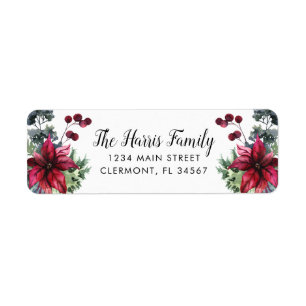 Red Poinsettia Holly Berries on White Return Address Label