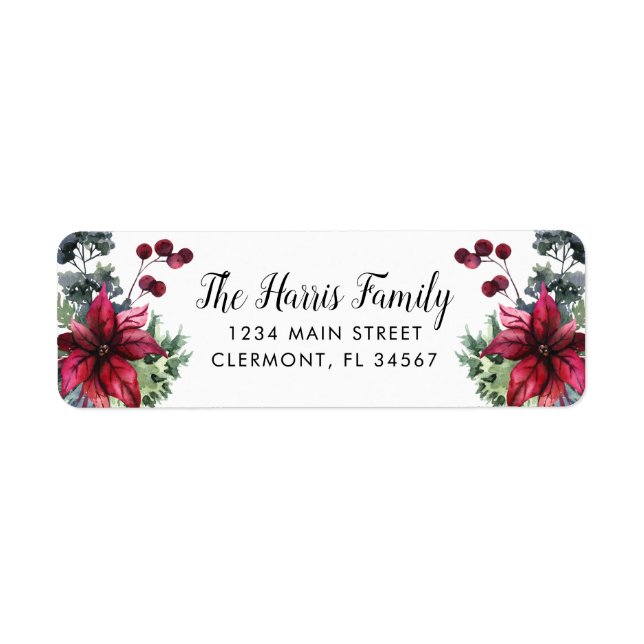 Red Poinsettia Holly Berries on White Return Address Label (Front)