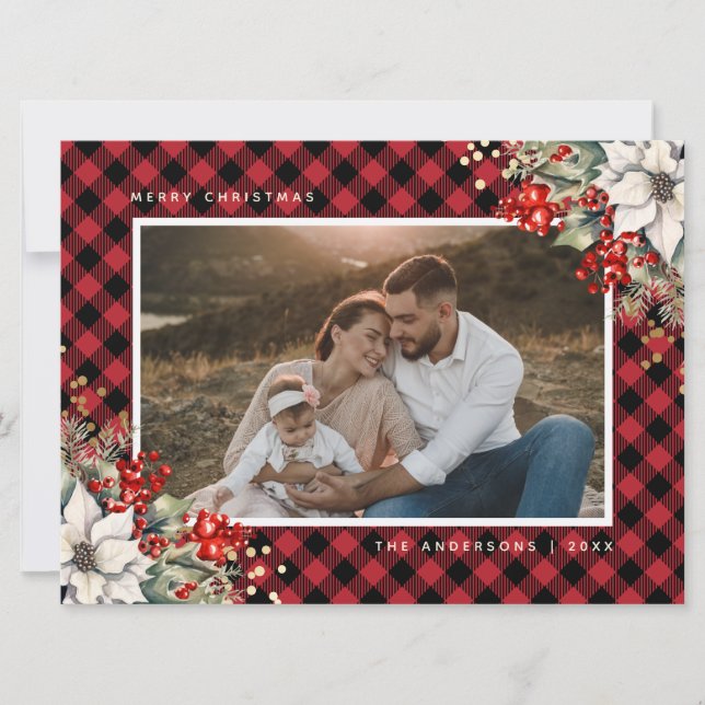 Red Poinsettia Holly Berries Photo Christmas Holiday Card (Front)