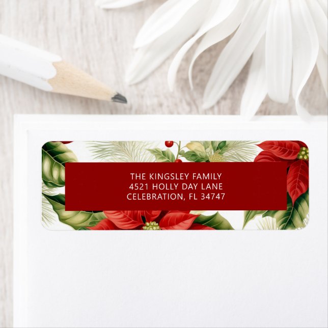 Red Poinsettia Holly Berry Classic Christmas Return Address Label (Insitu)