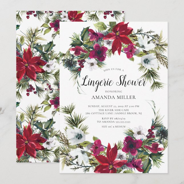 Red Poinsettia Holly Bridal Lingerie Shower Invitation (Front/Back)