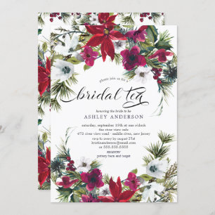 Red Poinsettia Holly Bridal Shower Bridal Tea Invitation