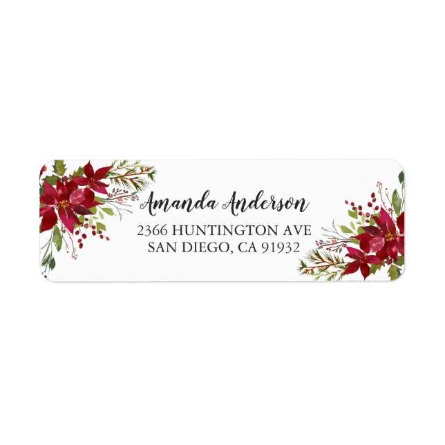 Red Poinsettia Holly Christmas Address Return Address Label (Front)