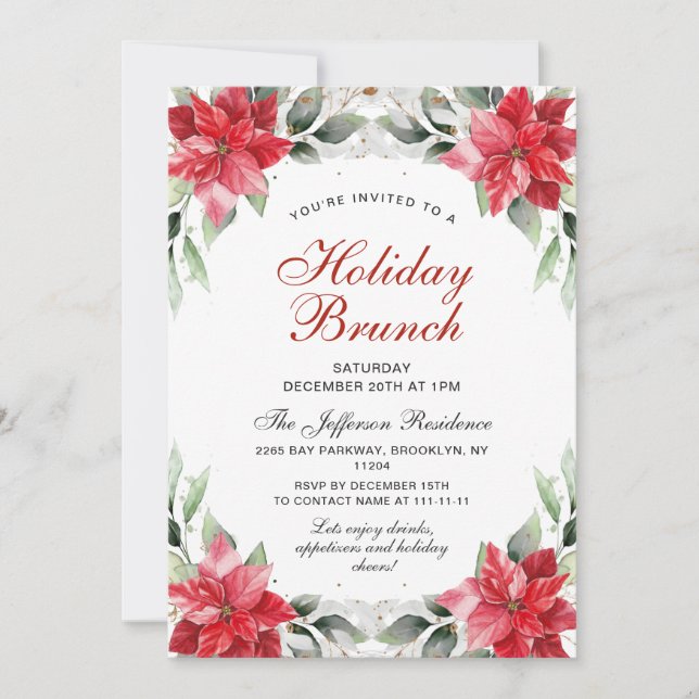 Red Poinsettia Holly Christmas Holiday Brunch Invitation (Front)