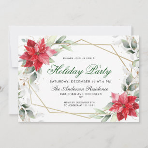 Red Poinsettia Holly Christmas Holiday Party Invitation