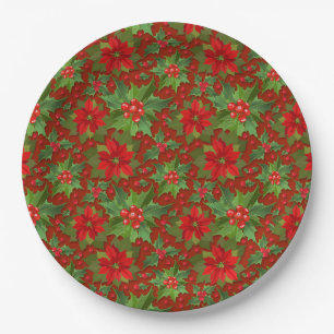 Red Poinsettia Holly Floral Pattern Christmas Paper Plate