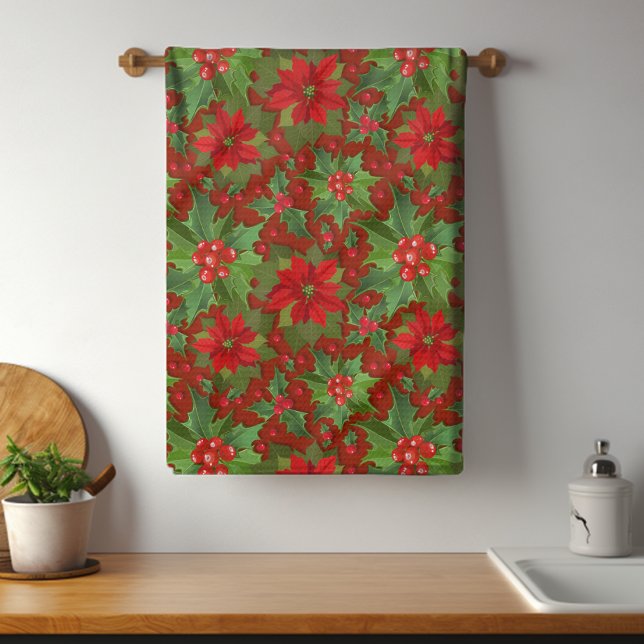 Red Poinsettia Holly Floral Pattern | Christmas Tea Towel (Creator Uploaded)