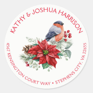 Red Poinsettia Holly Pine Berries Bird Christmas Classic Round Sticker