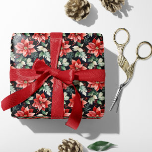 Red Poinsettia, Holly, Red Berries Christmas Wrapping Paper