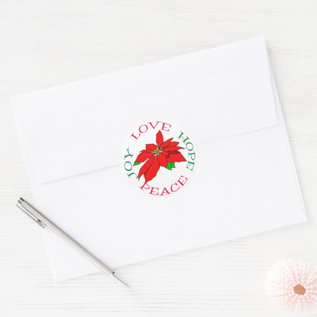 Red Poinsettia Hope Holiday Classic Round Sticker (Envelope)