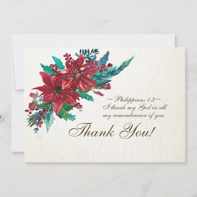 Red Poinsettia Inspirational Bible Verse Christmas Thank You Card (Front)