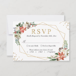 Red Poinsettia Ivory Floral Geometric Gold Wedding RSVP Card
