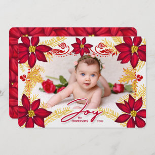 Red Poinsettia Joy and Gold Pine with Photo Holiday Card