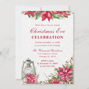 Red Poinsettia & Lantern Winter Christmas Eve Invitation