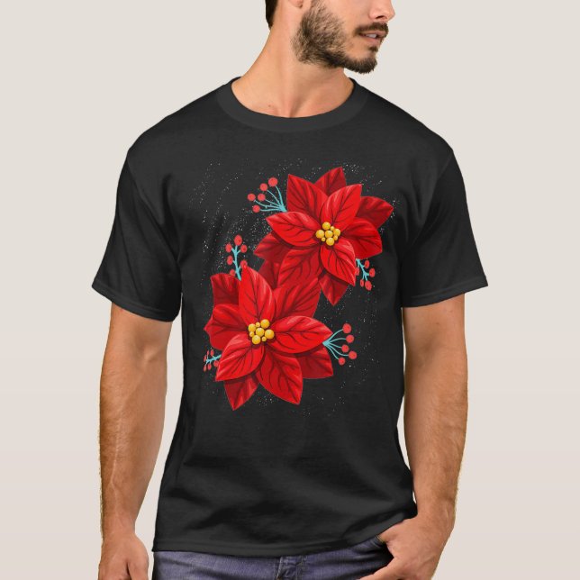 Red Poinsettia  Merry Christmas Flower  Happy Xmas T-Shirt (Front)