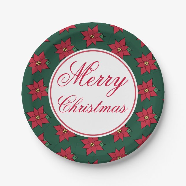 Red Poinsettia Merry Christmas Party Paper Plates (Front)