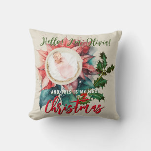 Red Poinsettia Mistletoe Baby Name Photo Christmas Cushion