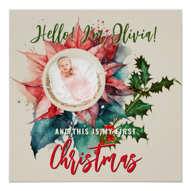 Red Poinsettia Mistletoe Baby Name Photo Christmas Poster (Front)