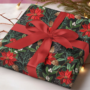 Red Poinsettia Mistletoe Pinecone Christmas Wrapping Paper