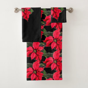 Red Poinsettia on Black Christmas Floral Bath Towel Set