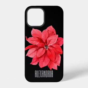 Red Poinsettia on Black Personalised Name iPhone 12 Case