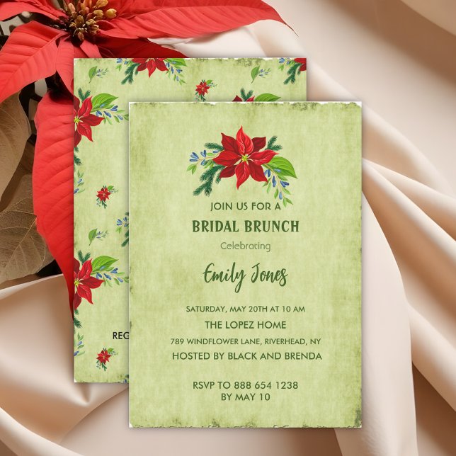  Red Poinsettia on Vintage Green, Bridal Brunch  Invitation (Creator Uploaded)