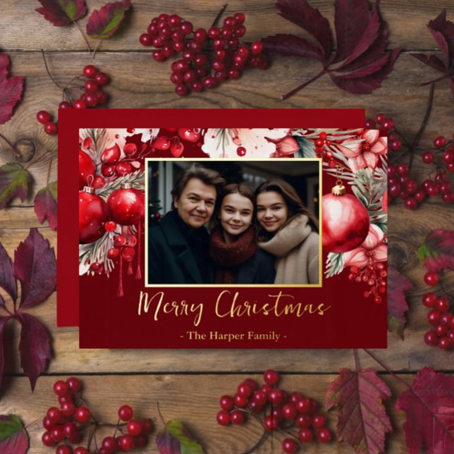 Red Poinsettia One Photo Foil Holiday Card (Creator Uploaded)