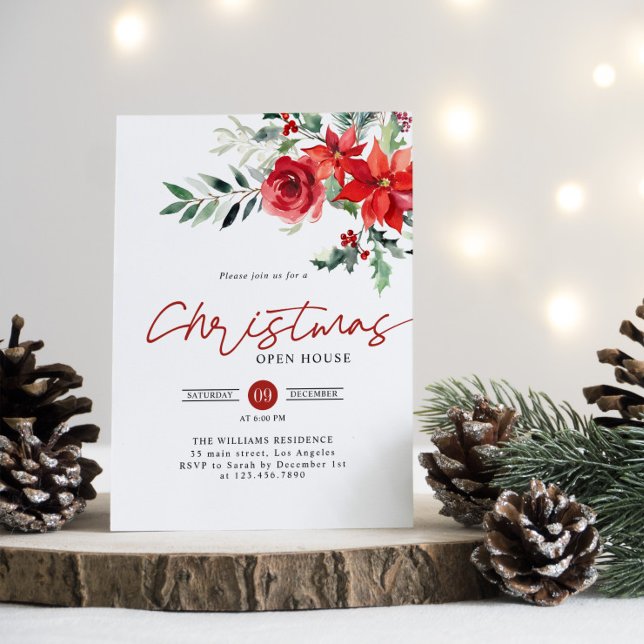 Red Poinsettia Open House Christmas Dinner Party Invitation (Creator Uploaded)