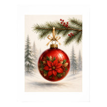 Red Poinsettia Ornament on Pine Tree