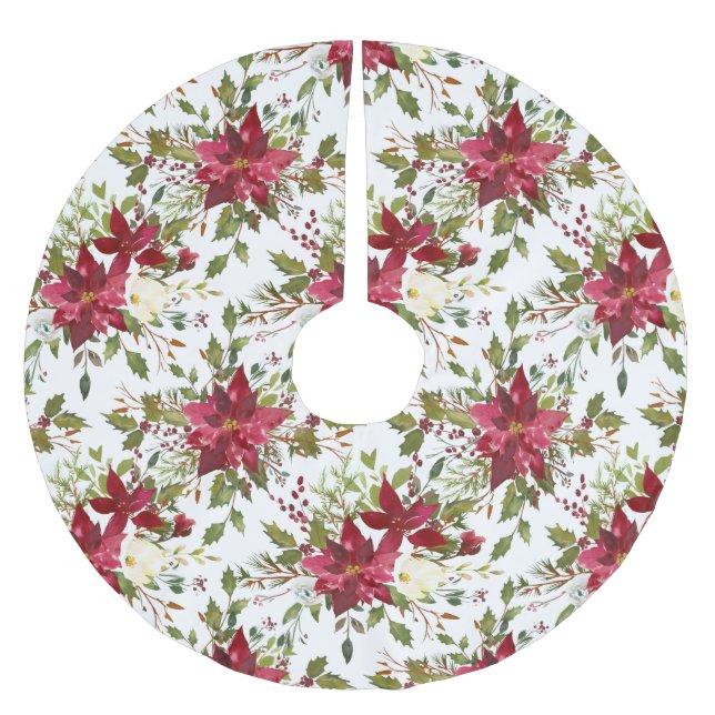 Red Poinsettia Pattern on White Brushed Polyester Tree Skirt (Front)