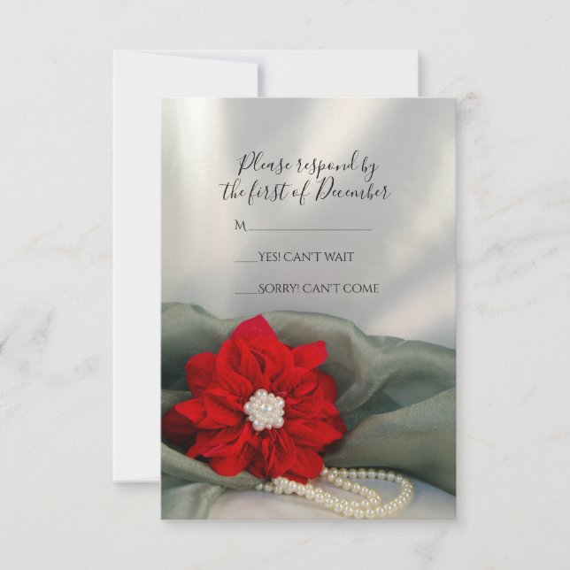Red Poinsettia Pearls on Green Winter Wedding RSVP Card (Front)