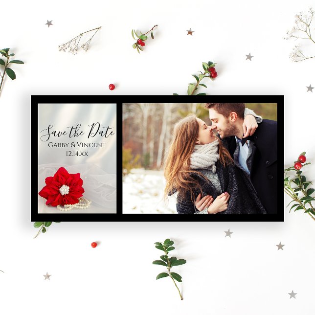 Red Poinsettia Pearls Winter Wedding Save the Date (Announce your December wedding date with the festive Poinsettia and Pearls Save the Date Photo Card.)