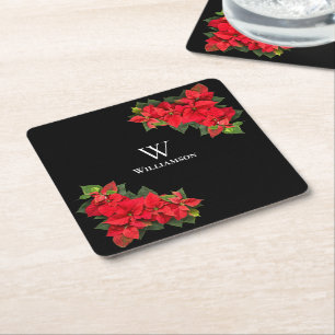Red Poinsettia Personalised Square Paper Coaster