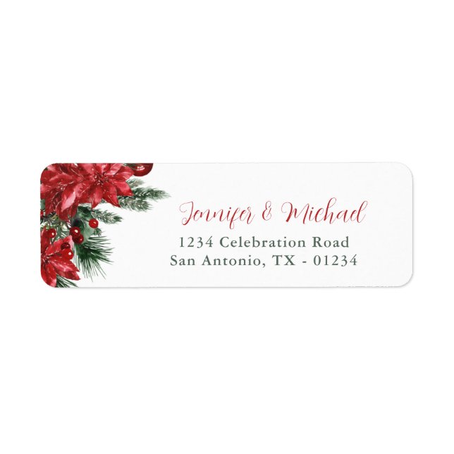 Red Poinsettia Pine Green Wedding Return Address Label (Front)