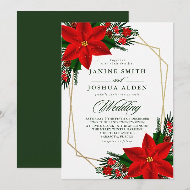 Red Poinsettia Pine Greenery Christmas Wedding Invitation (Front/Back)