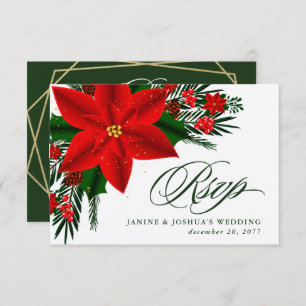 Red Poinsettia Pine Greenery Christmas Wedding RSVP Card