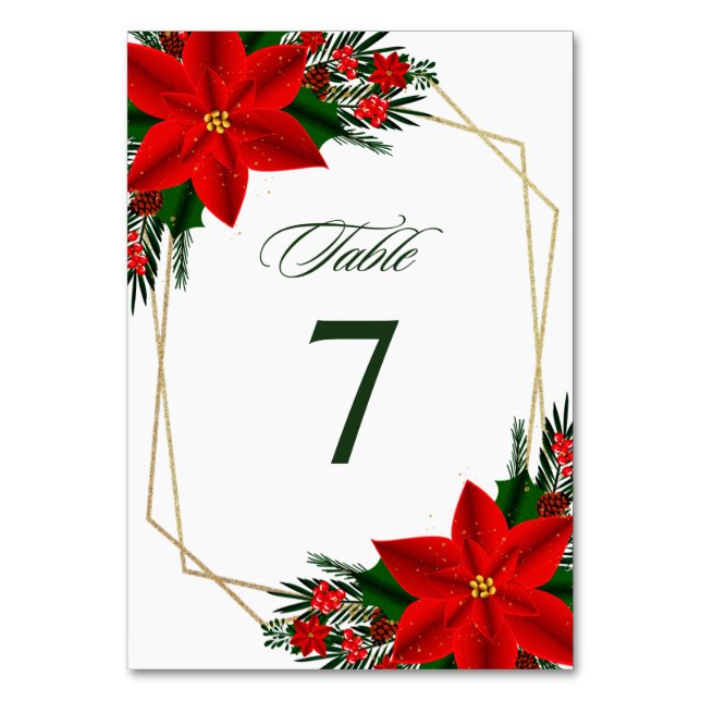 Red Poinsettia Pine Greenery Christmas Wedding Table Number (Front)