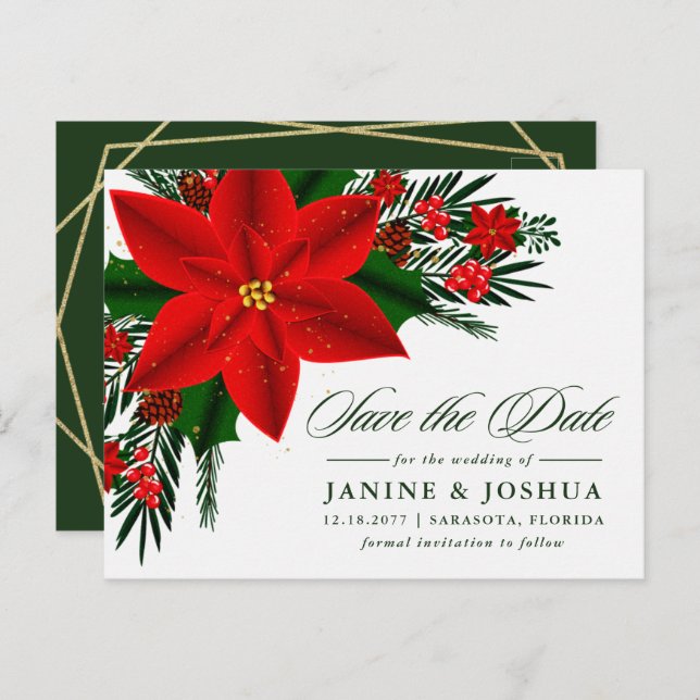 Red Poinsettia Pine Greenery Wedding Save The Date Postcard (Front/Back)