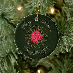 Red Poinsettia Plant on glitter starry green sky Ceramic Ornament
