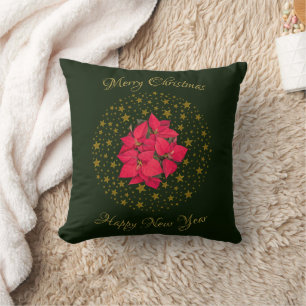 Red Poinsettia Plant on glitter starry green sky Cushion