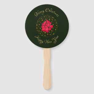 Red Poinsettia Plant on glitter starry green sky Hand Fan