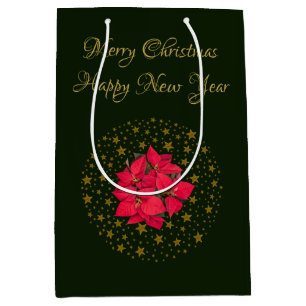 Red Poinsettia Plant on glitter starry green sky Medium Gift Bag