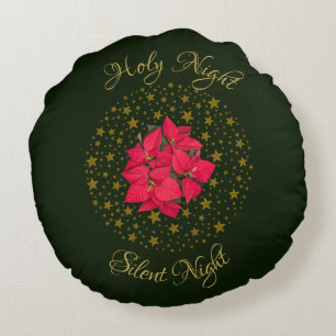 Red Poinsettia Plant on glitter starry green sky Round Cushion
