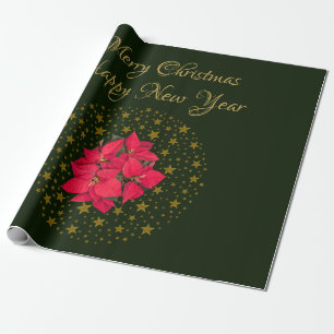 Red Poinsettia Plant on glitter starry green sky Wrapping Paper