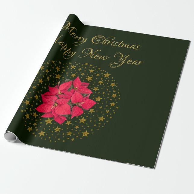Red Poinsettia Plant on glitter starry green sky Wrapping Paper (Unrolled)