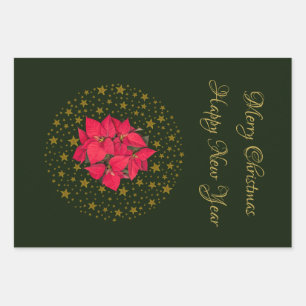 Red Poinsettia Plant on glitter starry green sky Wrapping Paper Sheet